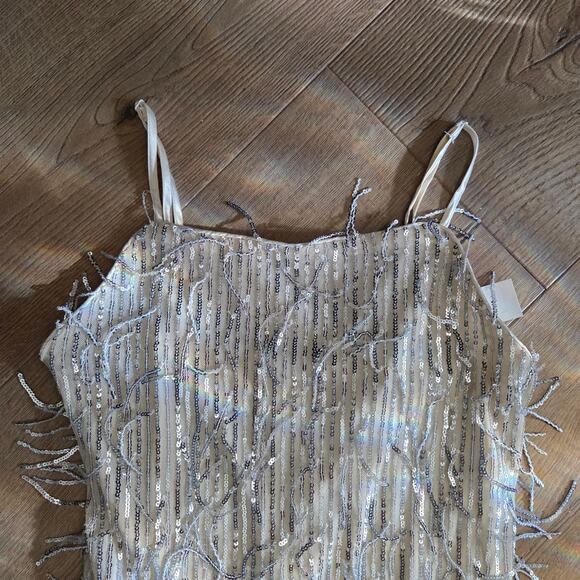 NWT Francesca's Champagne Sleeveless Sheer Net Fringe Sequin Party Club Dress S - Picture 7 of 11